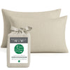 Beige bamboo pillowcases with a Bedvoyage packaging bag on a white background