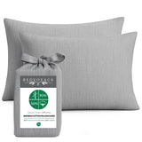 Gray bamboo pillowcases with a Bedvoyage packaging label on a white background