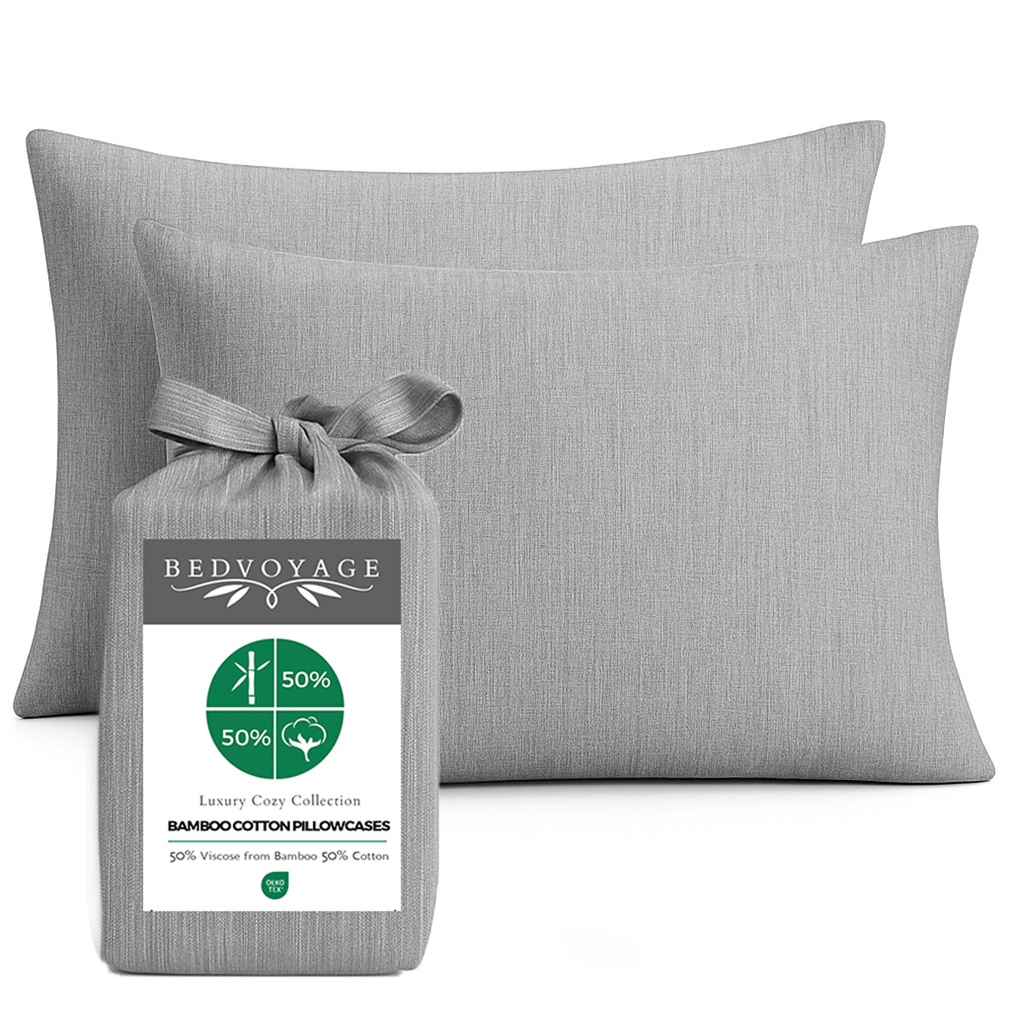 Gray bamboo pillowcases with a Bedvoyage packaging label on a white background