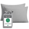 Gray bamboo pillowcases with a Bedvoyage packaging label on a white background