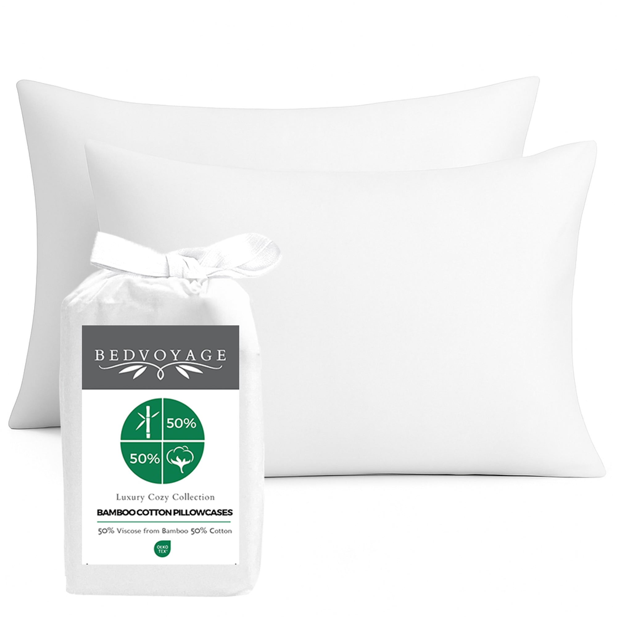 White bamboo pillowcase set with a white bag on a white background
