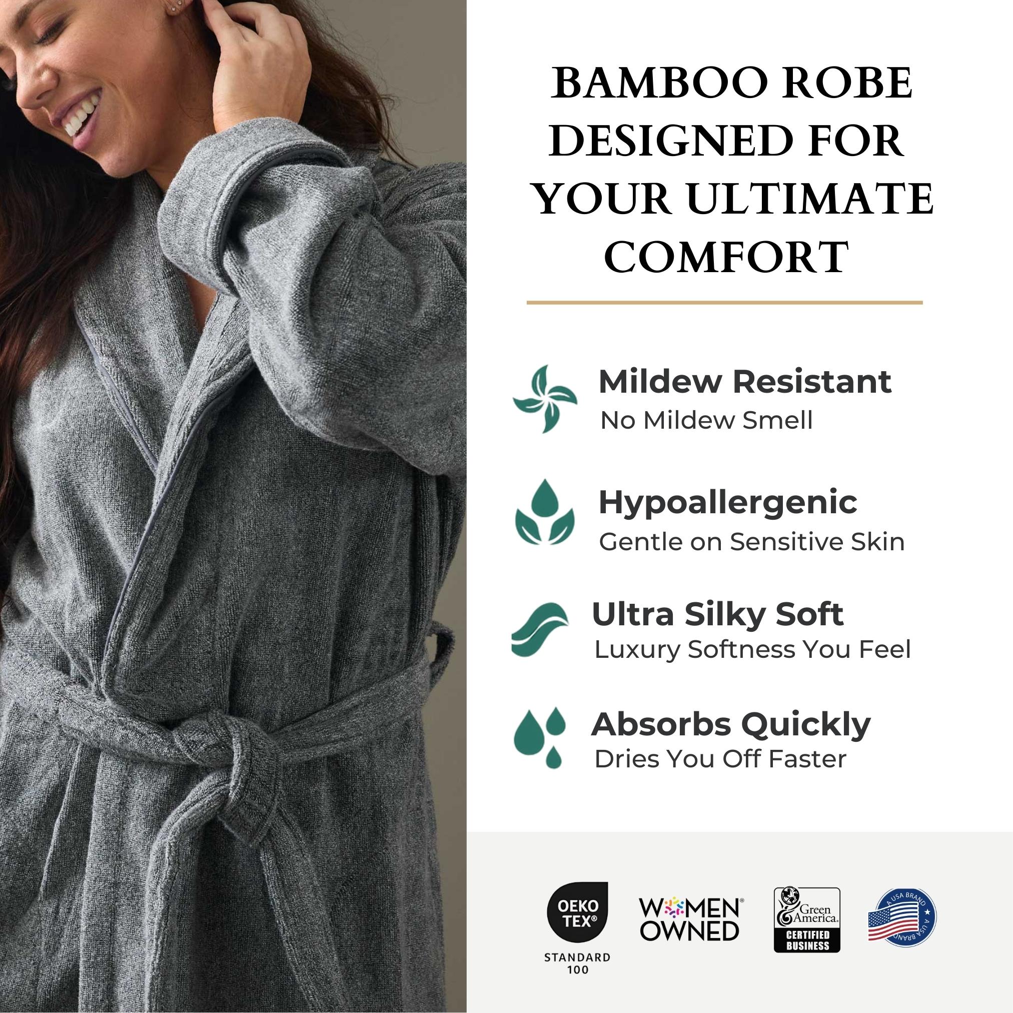Woman wearing a gray bamboo robe with product features on the right.