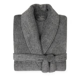 Gray bathrobe with 'BEDVoyage' branding on a white background