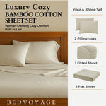 Bedroom setup with beige bedding and 'Bed Voyage' branding, featuring a 4-piece bamboo cotton sheet set.