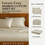 Bedroom setup with beige bedding and 'Bed Voyage' branding, featuring a 4-piece bamboo cotton sheet set.