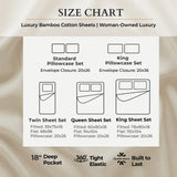 Size chart for Luxury Bamboo Cotton Sheets with illustrations and dimensions.