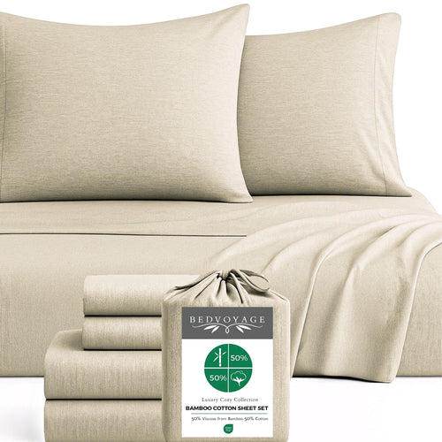 Beige bamboo bed sheets with matching pillowcases and a package labeled 'BedVoyage' on a white background.