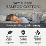 Person lying in bed with bamboo cotton bedding, highlighting features like softness, durability, and gentle touch.
