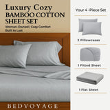 Bedroom scene with gray bamboo cotton sheet set on a bed, featuring 'Bed Voyage' branding.
