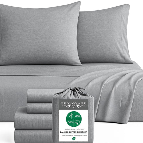 Gray bamboo cotton sheet set with packaging labeled 'Bedvoyage' on a white background