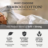 Advertisement for bamboo cotton fabric with a person lying down, highlighting its softness and durability.