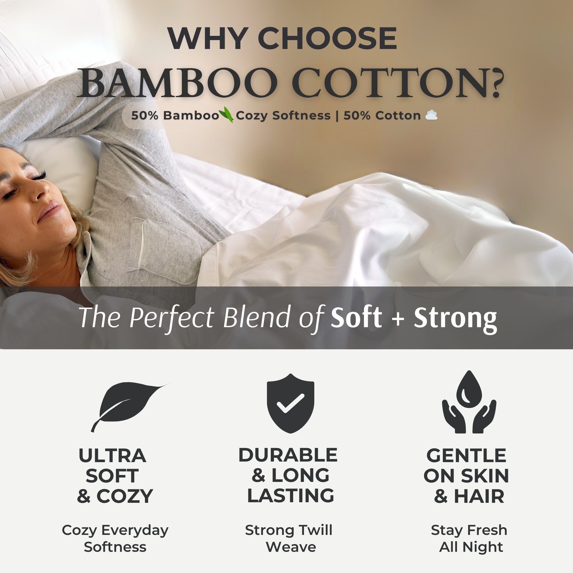 Advertisement for bamboo cotton fabric with a person lying down, highlighting its softness and durability.