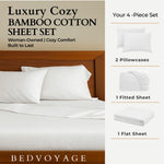 Bedroom setup with white bedding and 'Bed Voyage' branding, featuring a 4-piece bamboo cotton sheet set.