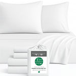 White bamboo bedding set with pillows and a package labeled 'BedVoyage' on a white background