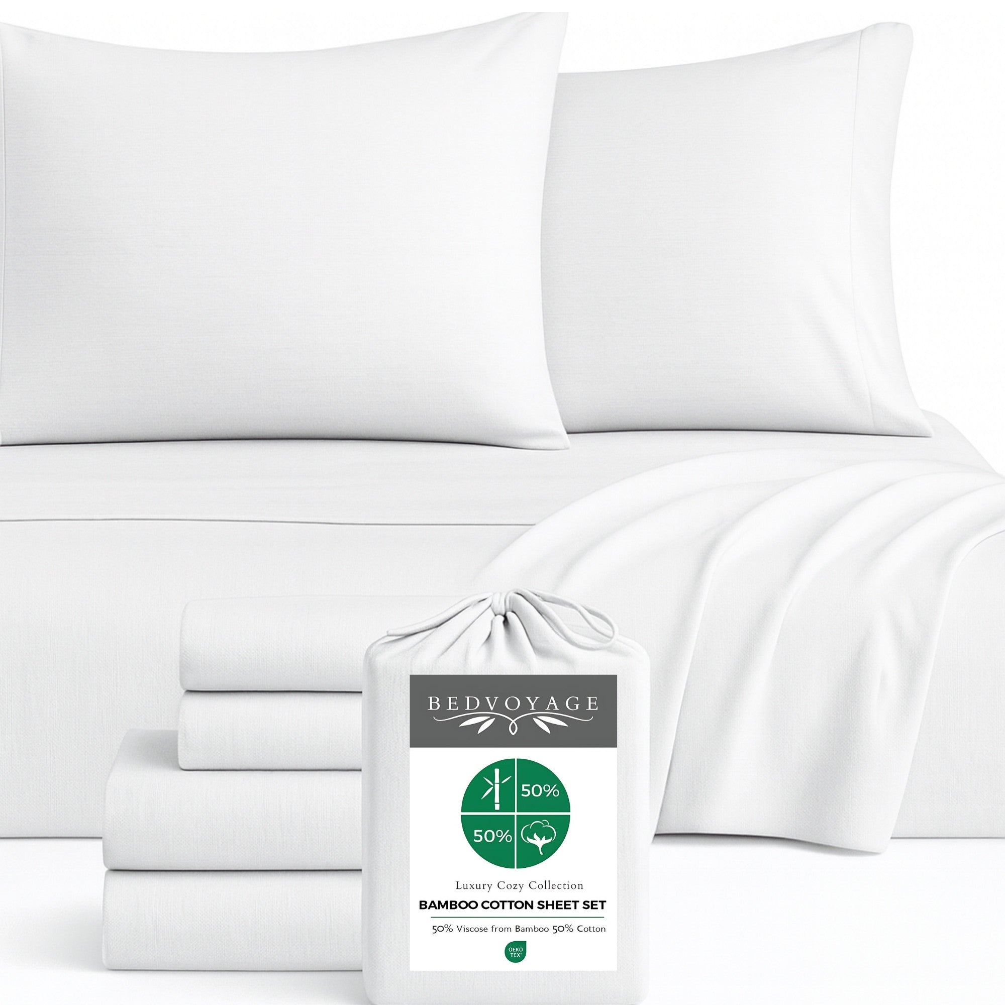 White bamboo bedding set with pillows and a package labeled 'BedVoyage' on a white background
