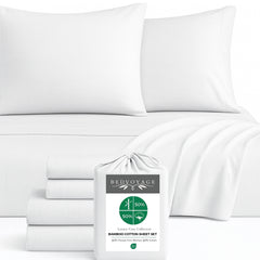 White bamboo bedding set with pillows and a package labeled 'BedVoyage' on a white background