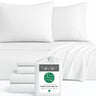 White bamboo bedding set with pillows and a package labeled 'BedVoyage' on a white background