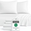 White bamboo bedding set with pillows and a package labeled 'BedVoyage' on a white background