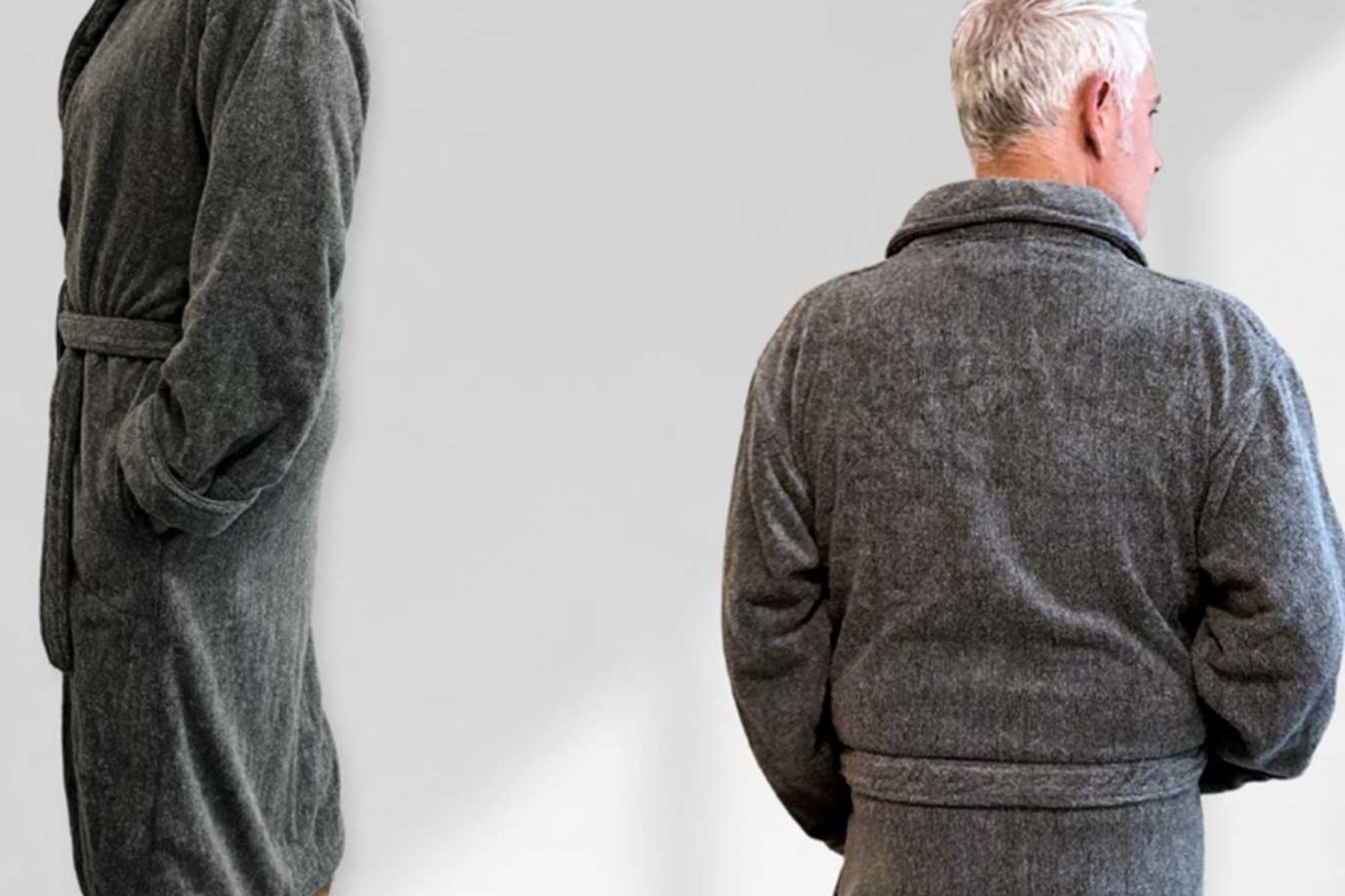 man wearing dark gray bamboo bath robe front and back view