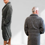 man wearing dark gray bamboo bath robe front and back view