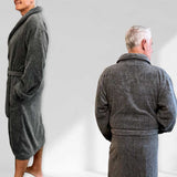 man wearing dark gray bamboo bath robe front and back view