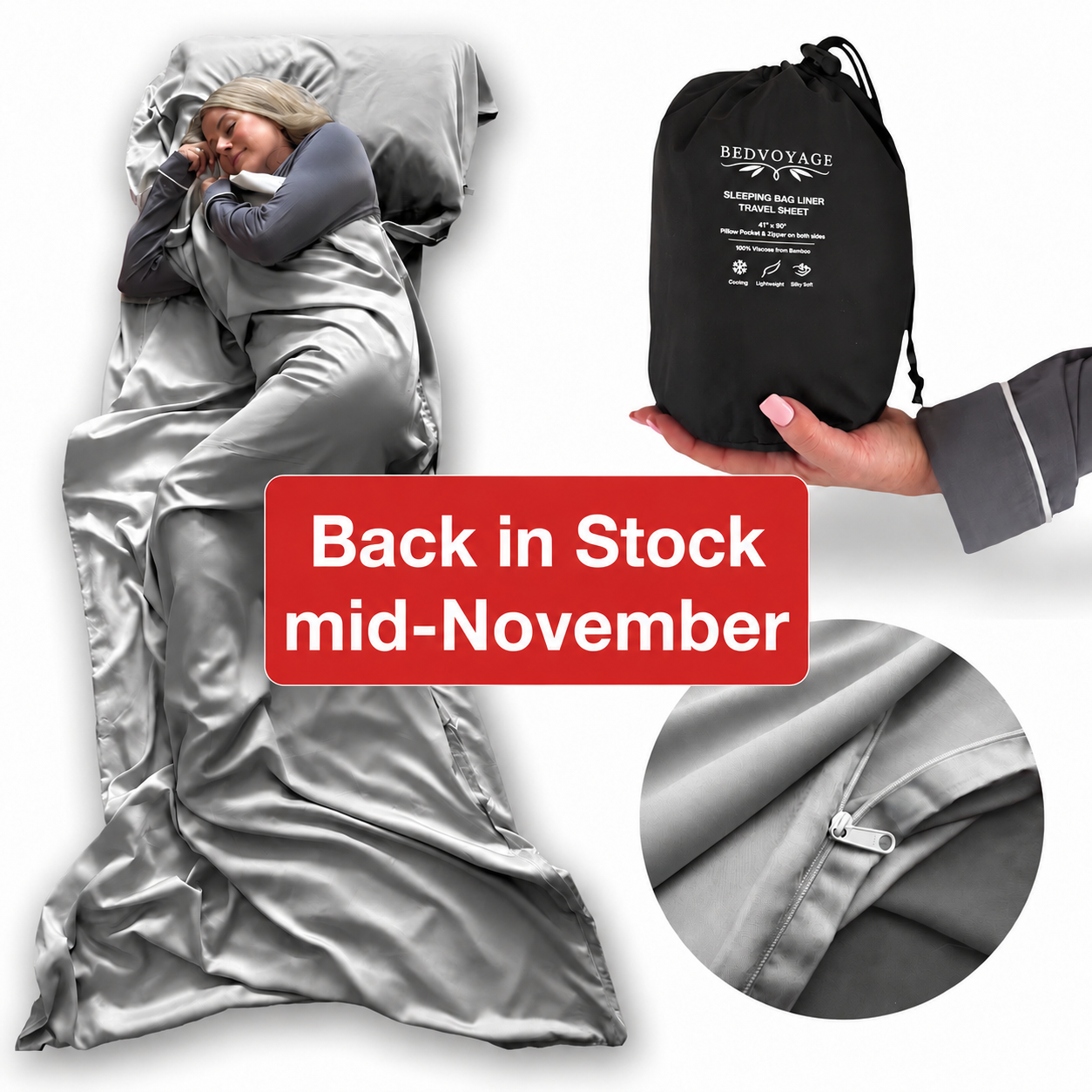 A gray satin sheet set shown on a model lying down, alongside a hand holding the black drawstring storage bag, a fabric detail inset, and a red 'Back in Stock mid-November' text banner.