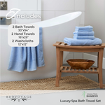 Bathroom setting with blue towels on a wooden stool and bathtub, featuring product details.