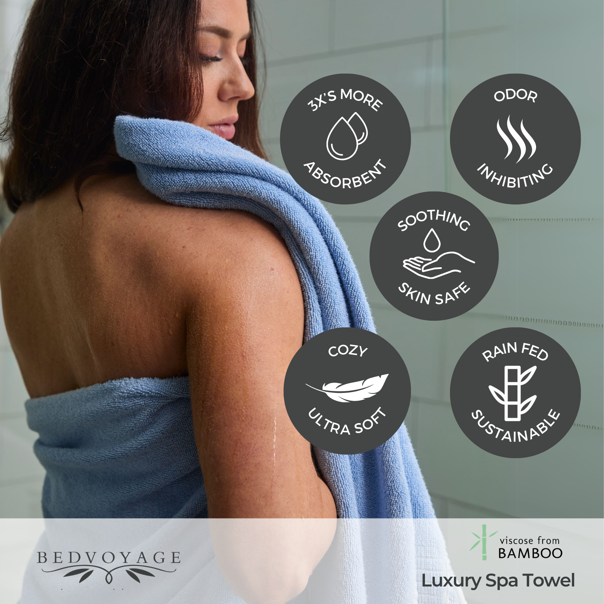 Woman holding a blue towel with features listed on a gray background
