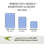 Size chart for bath towel, hand towel, and washcloth with Bedvoyage branding.