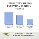 Size chart for bath towel, hand towel, and washcloth with Bedvoyage branding.