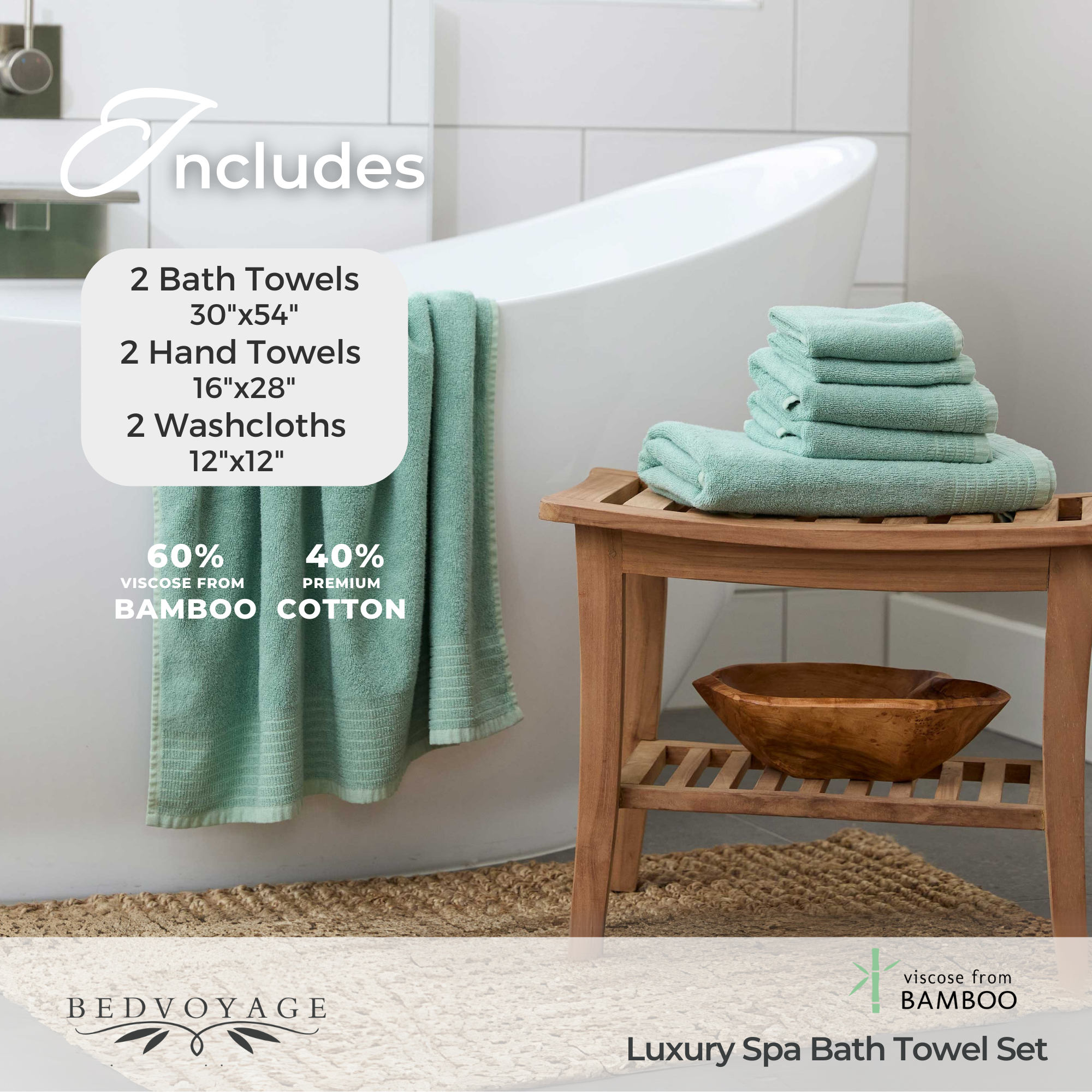 Teal bath towel set with bath towels, hand towels, and washcloths on a wooden stool in a bathroom setting.