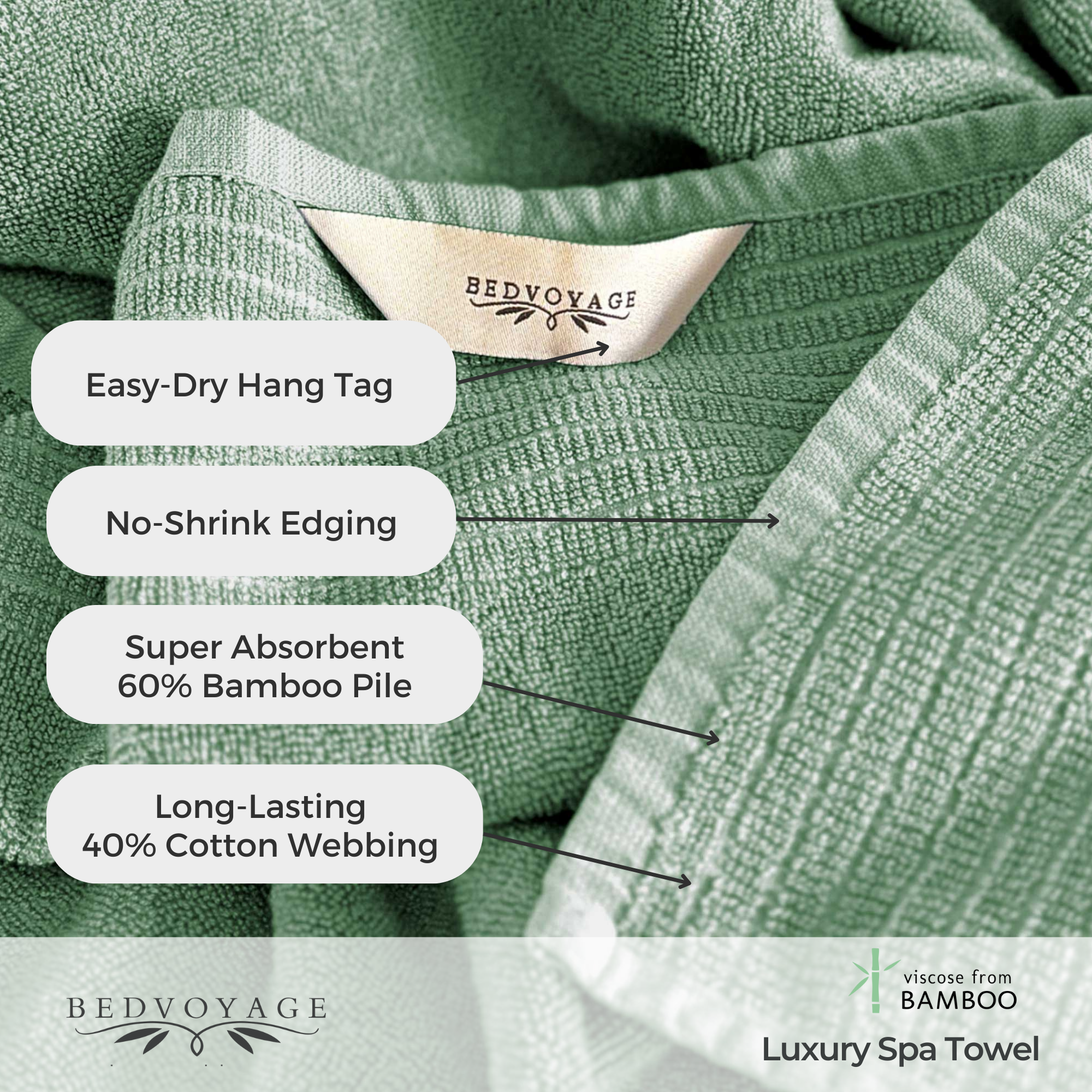 Green spa towel with features labeled and Bedvoyage branding.