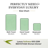 Size chart for bath towel, hand towel, and washcloth with Bedvoyage branding.