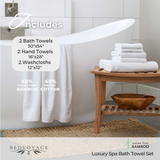 Bath towel set with bath towels, hand towels, and washcloths on a wooden stand in a bathroom setting.