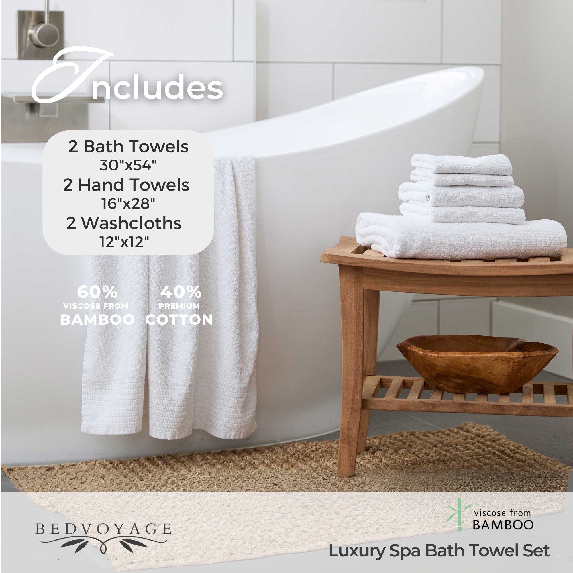 Bath towel set with bath towels, hand towels, and washcloths on a wooden stand in a bathroom setting.