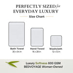 Size chart for bath towel, hand towel, and washcloth with Bedvoyage branding.