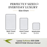 Size chart for bath towel, hand towel, and washcloth with Bedvoyage branding.