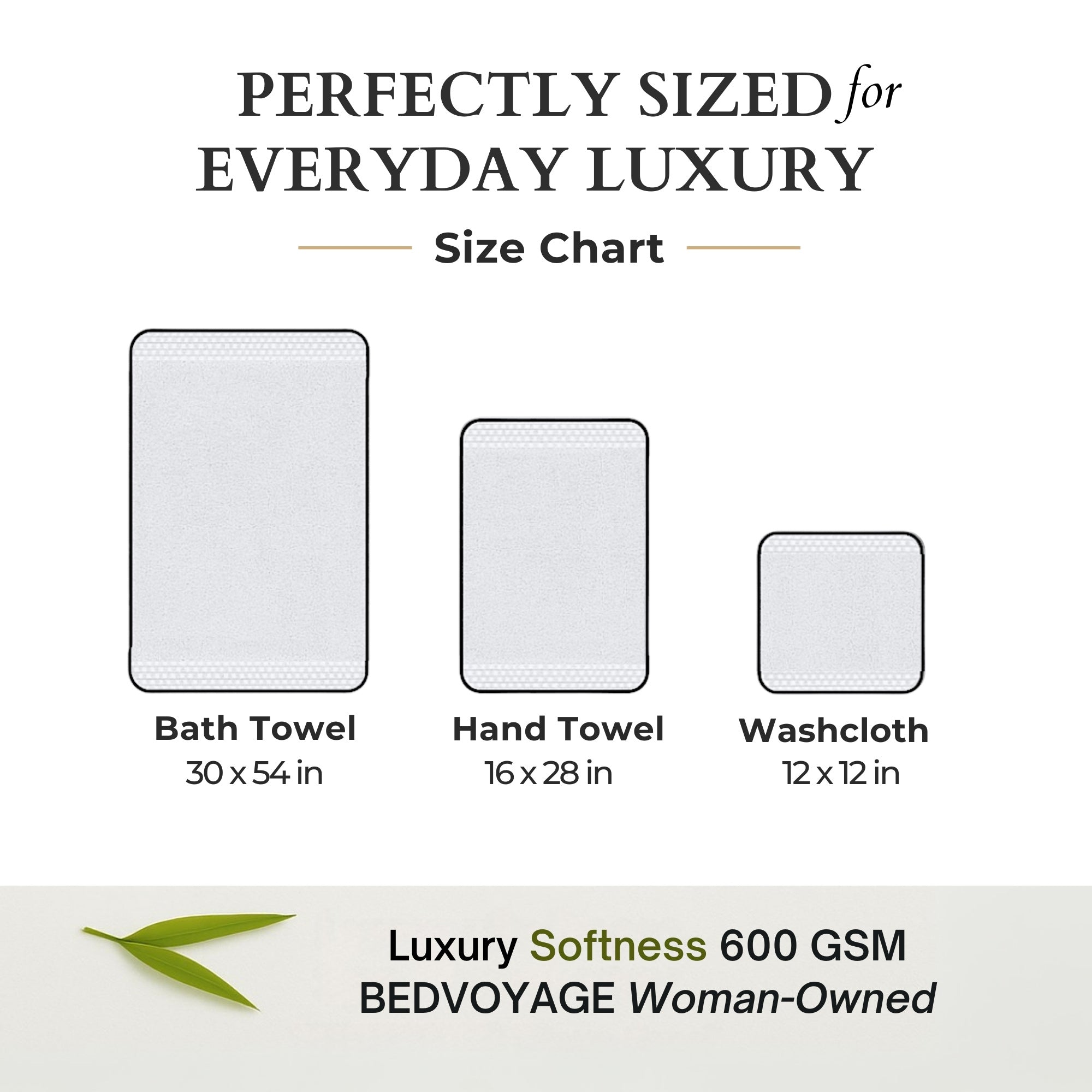Size chart for bath towel, hand towel, and washcloth with Bedvoyage branding.