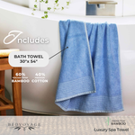 Blue bath towel hanging over a bathtub with product details and brand name.