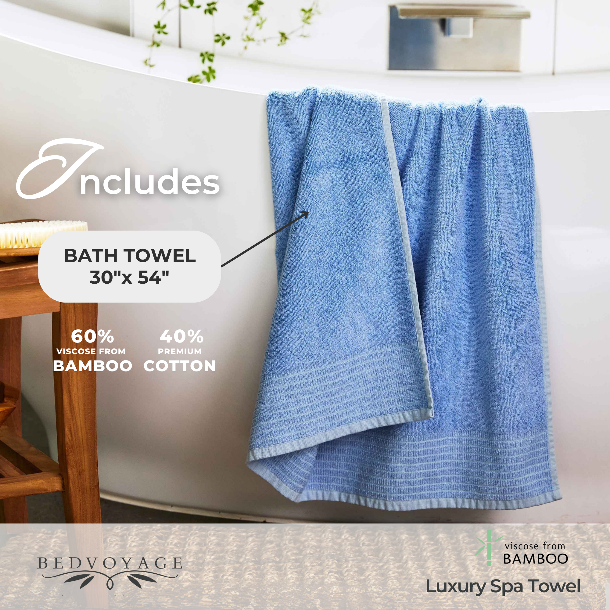 Blue bath towel hanging over a bathtub with product details and brand name.