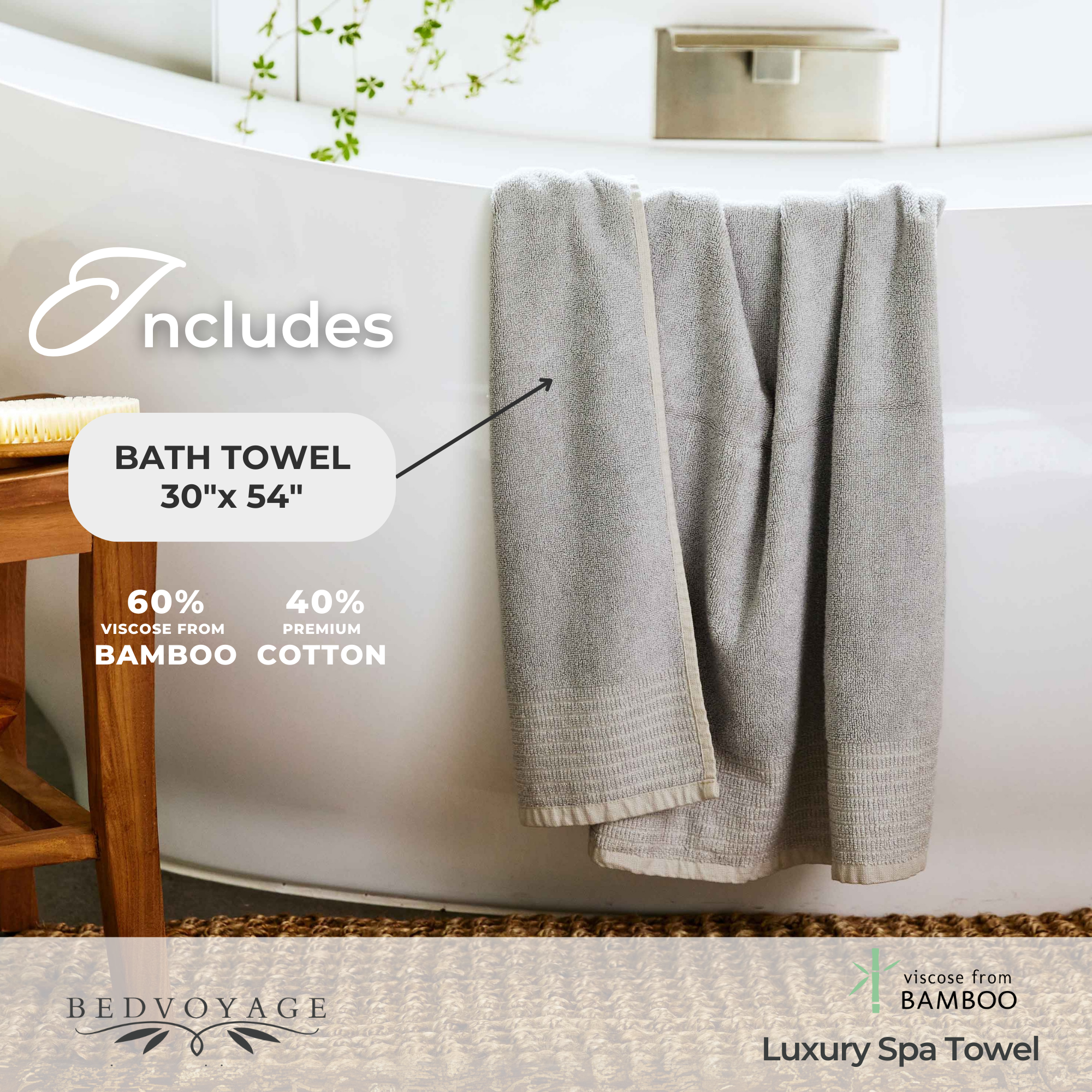 Gray bath towel hanging over a bathtub with product details and brand name.