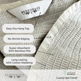 Close-up of a Bedvoyage luxury spa towel with text highlighting features.