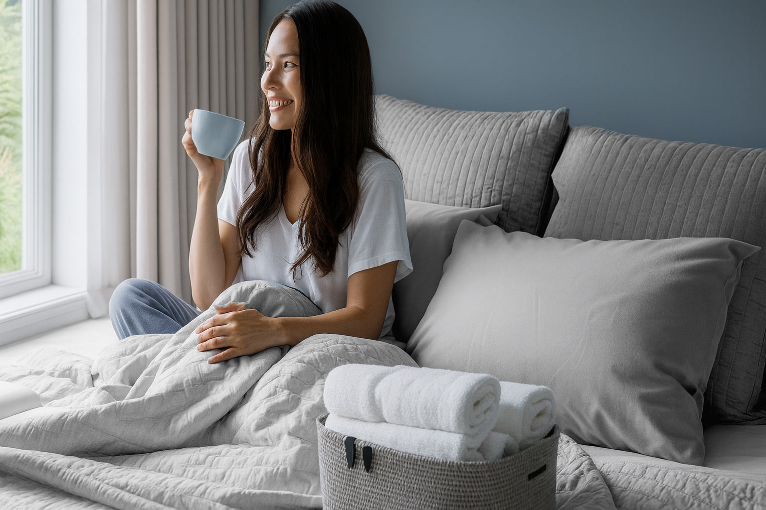 Woman sitting on a couch with a cup, surrounded by gray bedding and pillows.