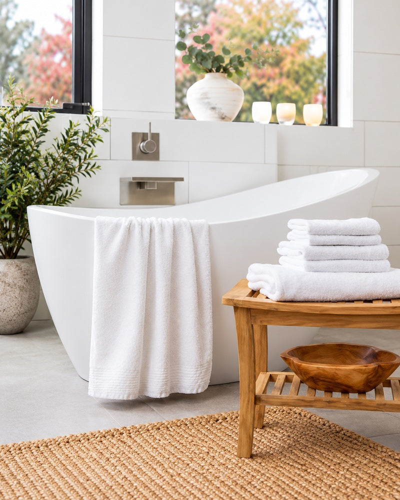 A white freestanding bathtub in a bright bathroom setting, with white towels stacked on a wooden bench and draped over the tub edge. The scene includes a window, plants, candles, and a woven rug.